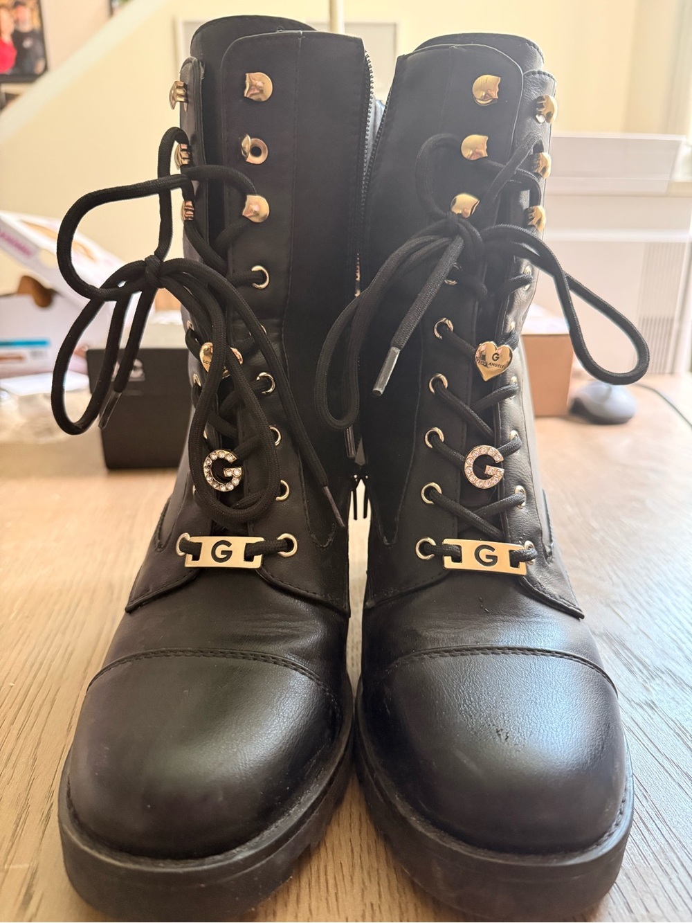 GUESS Black Leather Lace-Up Combat Boots with Gold Accents